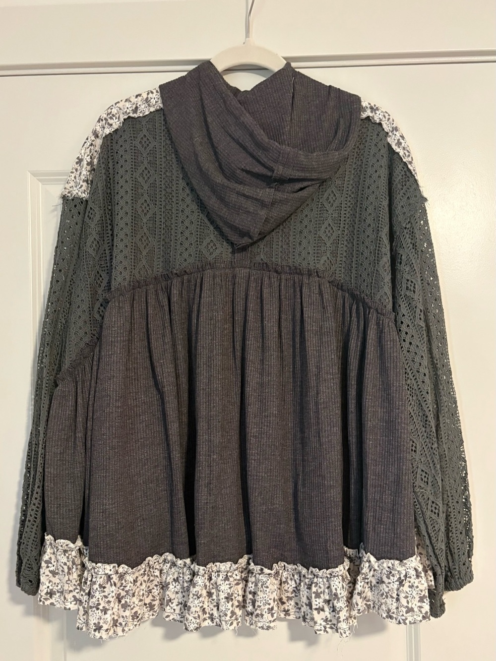 NWOT POL charcoal gray zip hoodie with floral trim - Picture 2 of 3